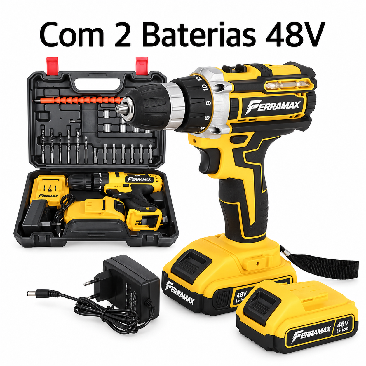 Parafusadeira 48V com 2 baterias, maleta e acessórios